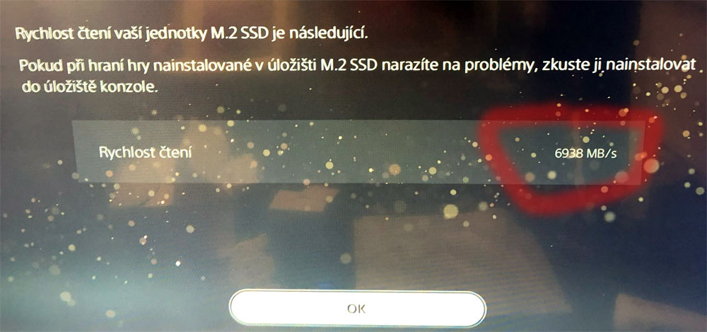 Přenosová rychlost rozšíření SSD naměřená po instalaci do PS5